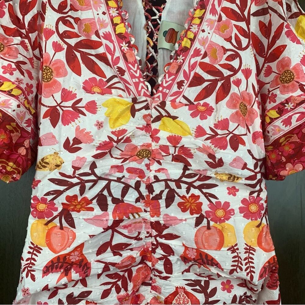 Farm Rio size XS romantic orchard tiered midi dress pink red white - Picture 6 of 15